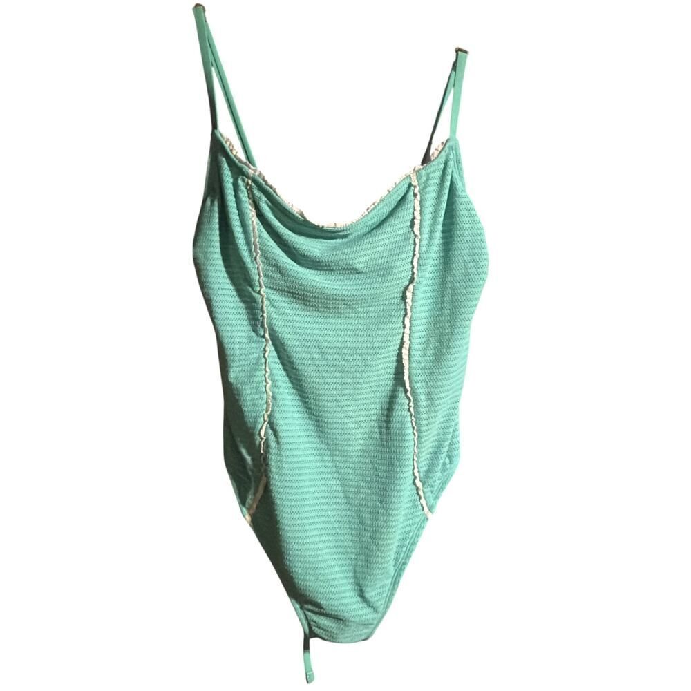 Shade & Shore Aqua Textured Lace High Leg One Piece Swimsuit Large